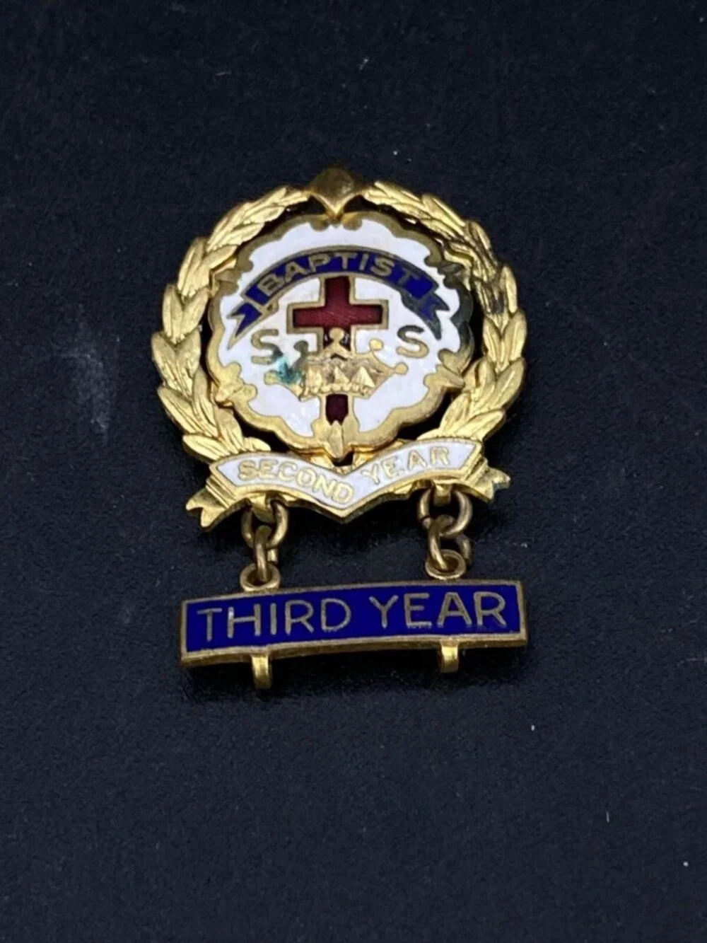 Baptist Sunday School 3rd Year Pin Little System Cross & Crown by Uncas